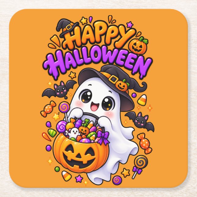 Cute Halloween Ghost Candy Pumpkin Square Paper Coaster (Front)