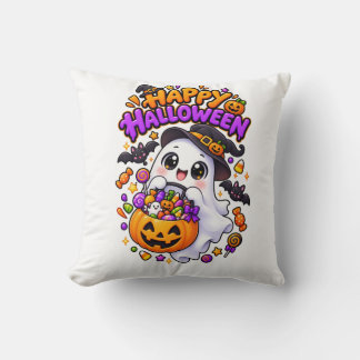 Cute Halloween Ghost Candy Pumpkin Throw Pillow