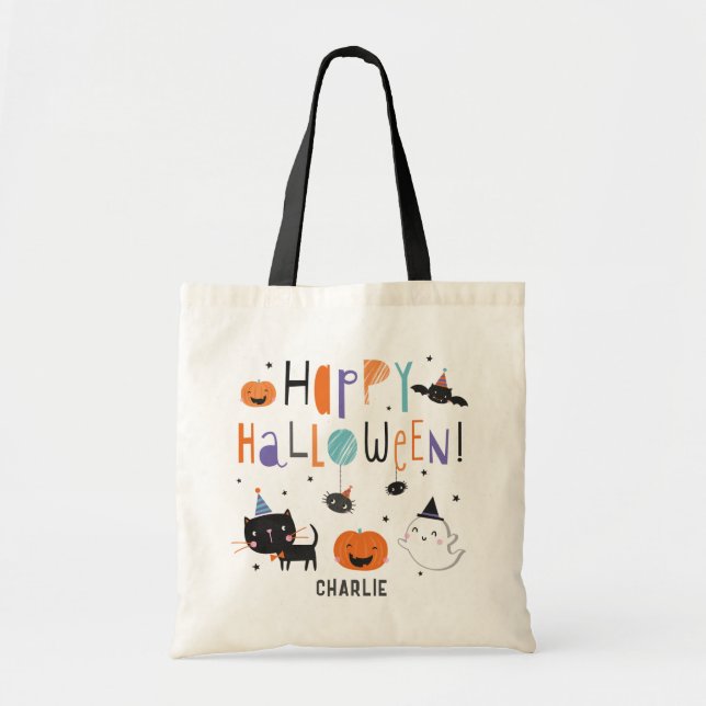 Cute Halloween Ghost, Cat, Bat and Pumpkins Tote Bag (Front)