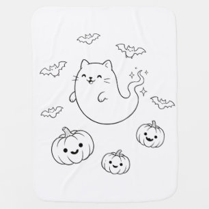 Cute Halloween Ghost Cat Pumpkins Bats Line Art St Baby Blanket