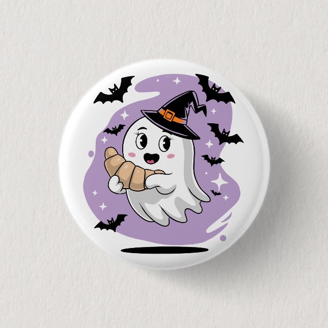 Cute Halloween Ghost Croissant Haunting Button (Front)
