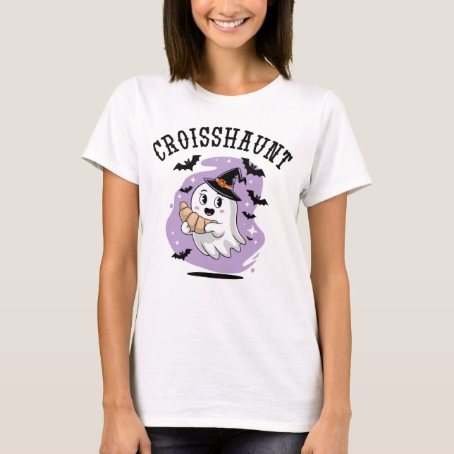 Cute Halloween Ghost Croissant Haunting T-Shirt (Front)