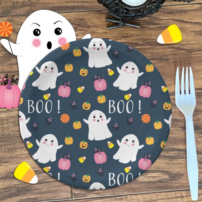 Cute Halloween Ghost Dark Blue Paper Plate  (Creator Uploaded)