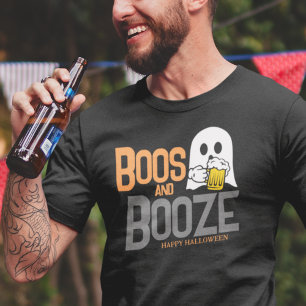 Cute Halloween Ghost Drinking Beer Boos and Booze T-Shirt