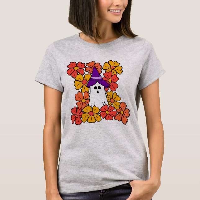 Cute Halloween Ghost Flower Field T-Shirt (Front)