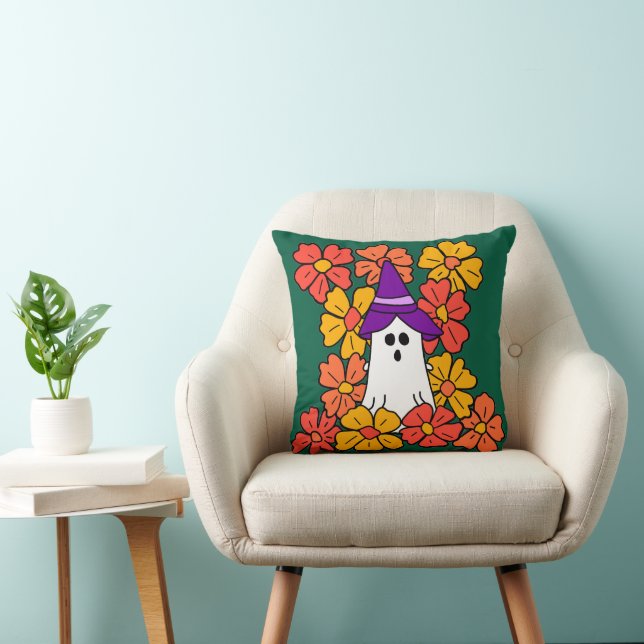 Cute Halloween Ghost Flower Field Throw Pillow (Chair)