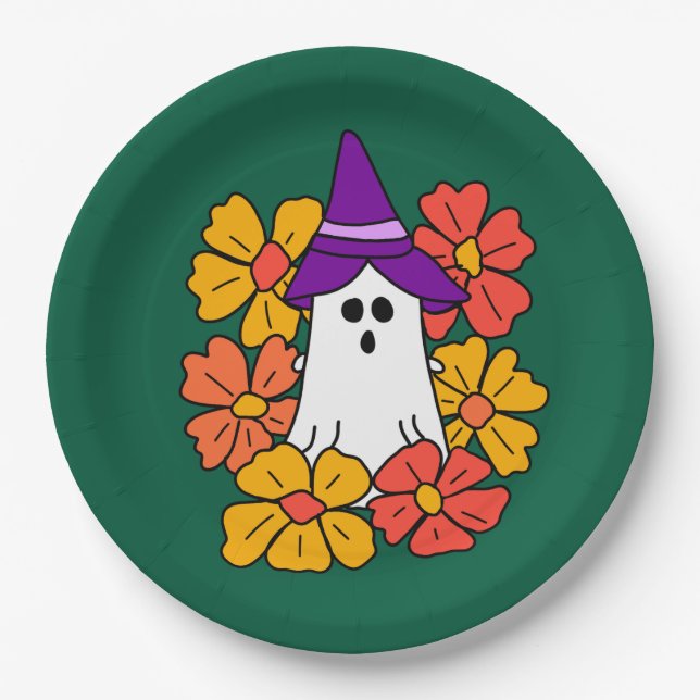 Cute Halloween Ghost Flower Wreath  Paper Plates (Front)