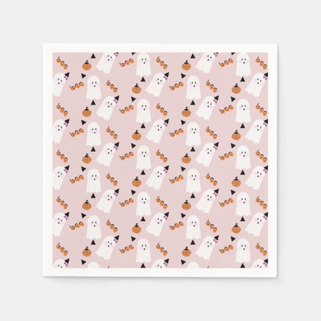 Cute Halloween Ghost Ghoul Orange  Confetti  Pink Napkins (Front)