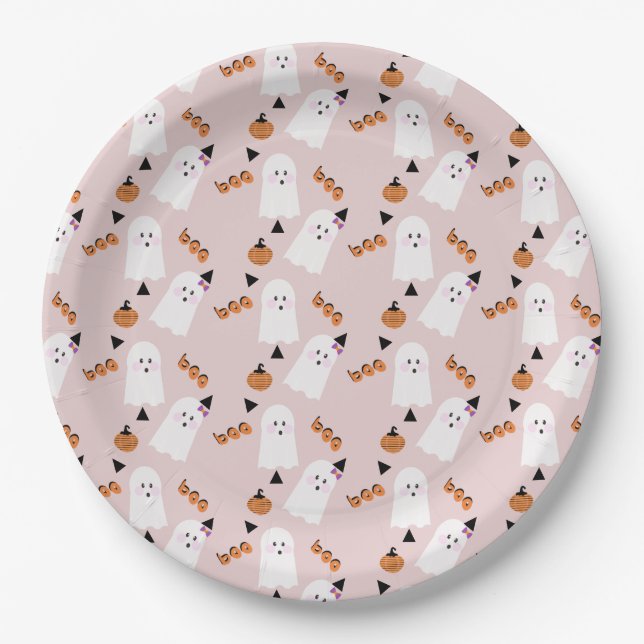 Cute Halloween Ghost Ghoul Orange  Confetti  Pink  Paper Plates (Front)