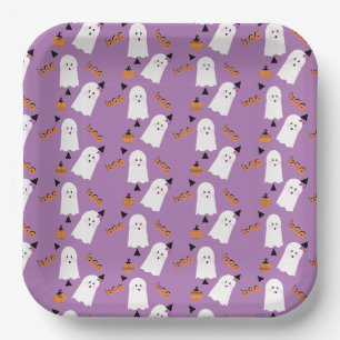 Cute Halloween Ghost Ghoul Orange Purple Confetti Paper Plates