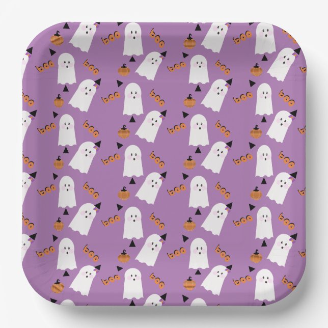 Cute Halloween Ghost Ghoul Orange Purple Confetti  Paper Plates (Front)