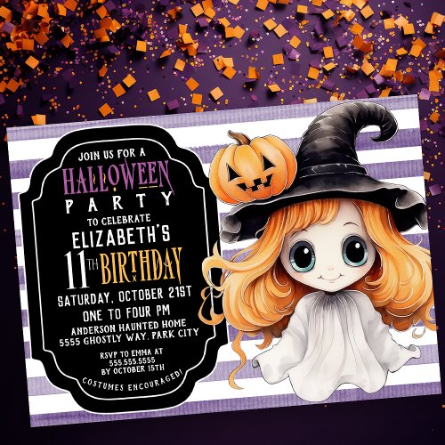 Cute Halloween Ghost Girls 11th Birthday Invitation