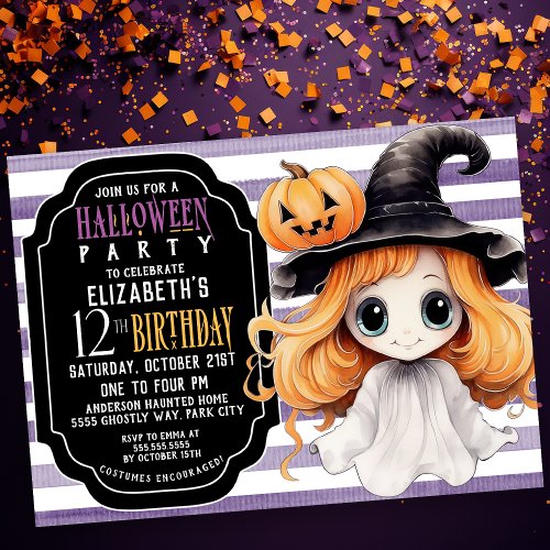 Cute Halloween Ghost Girls 12th Birthday Invitation