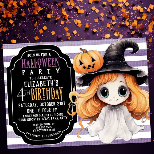 Cute Halloween Ghost Girls 4th Birthday Invitation