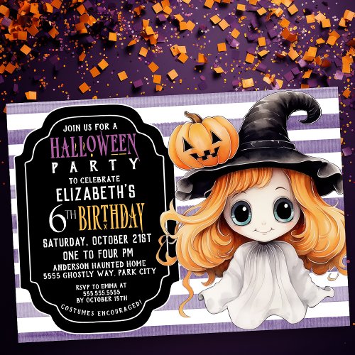 Cute Halloween Ghost Girls 6th Birthday Invitation
