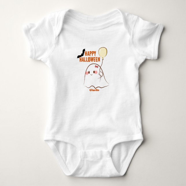 Cute Halloween Ghost Holding Balloon Girl's Name  Baby Bodysuit (Front)