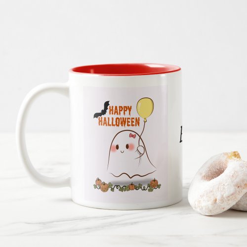 Cute Halloween Ghost Holding Balloon Two_Tone Coffee Mug