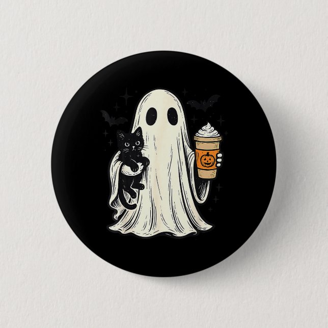 Cute Halloween Ghost Holding Black Cat Fall Coffee Button (Front)
