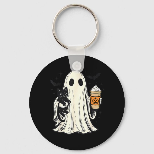 Cute Halloween Ghost Holding Black Cat Fall Coffee Keychain (Front)