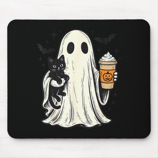 Cute Halloween Ghost Holding Black Cat Fall Coffee Mouse Pad (Front)