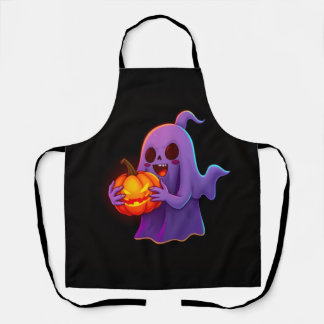 Cute Halloween Ghost Holding Glowing Pumpkin Apron