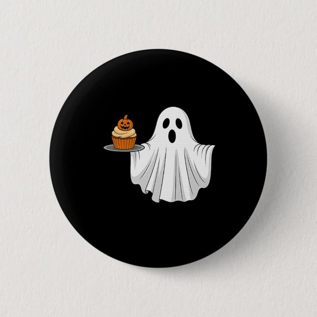 Cute Halloween Ghost Holding Pumpkin Cupcake Pocke Button (Front)