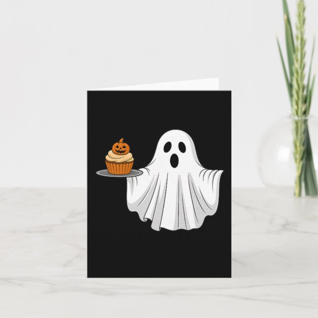 Cute Halloween Ghost Holding Pumpkin Cupcake Pocke Card (Front)