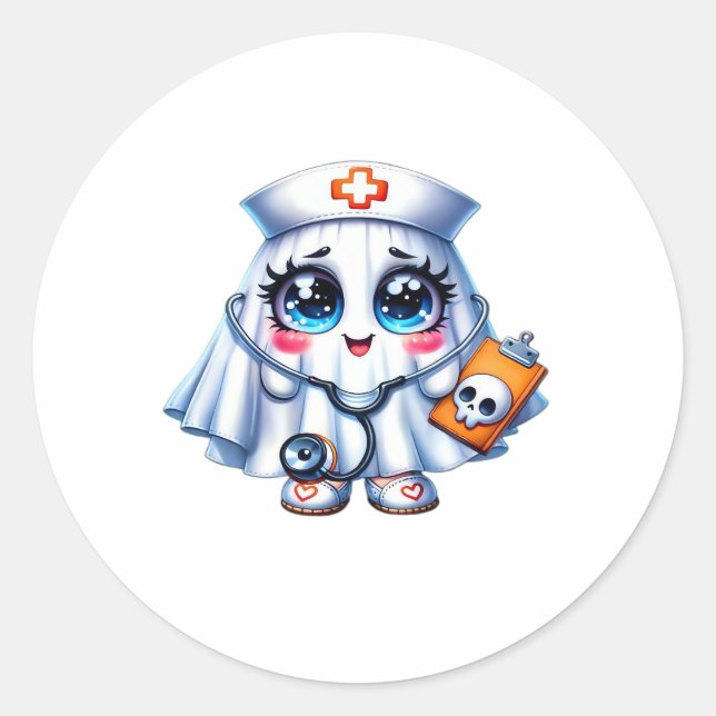 Cute Halloween ghost in a nurse's uniform Classic  Classic Round Sticker (Front)