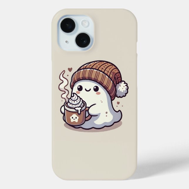 Cute Halloween Ghost in Fall Beanie & Hot Cocoa Case-Mate iPhone Case (Back)