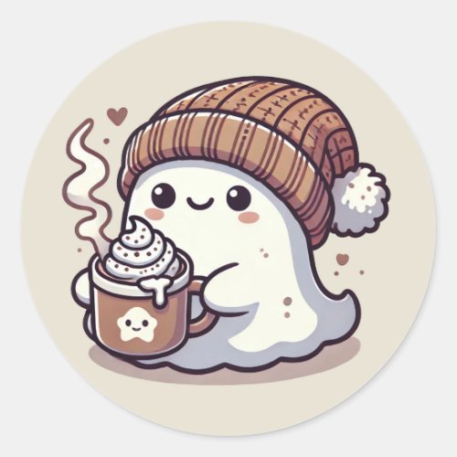 Cute Halloween Ghost in Fall Beanie  Hot Cocoa Classic Round Sticker