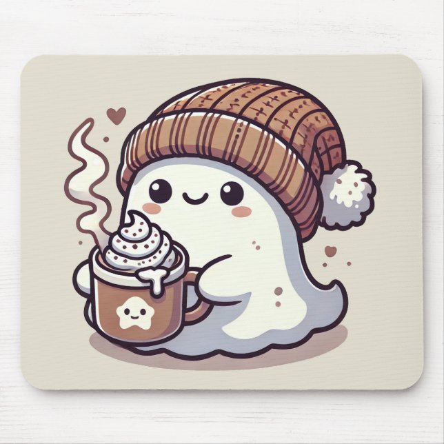 Cute Halloween Ghost in Fall Beanie & Hot Cocoa Mouse Pad (Front)