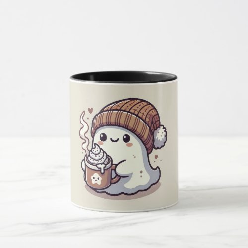 Cute Halloween Ghost in Fall Beanie  Hot Cocoa Mug