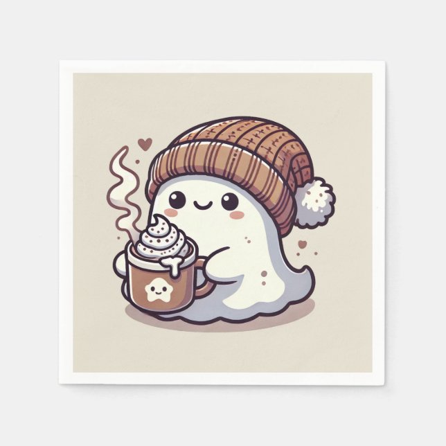 Cute Halloween Ghost in Fall Beanie & Hot Cocoa Napkins (Front)