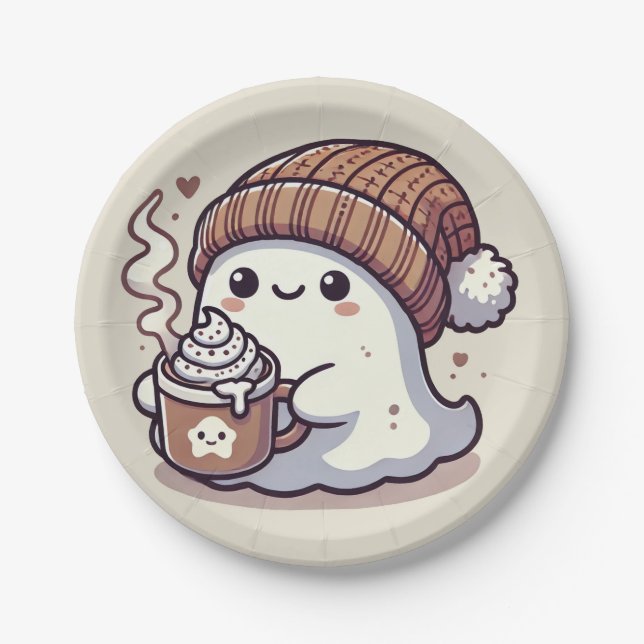 Cute Halloween Ghost in Fall Beanie & Hot Cocoa Paper Plates (Front)
