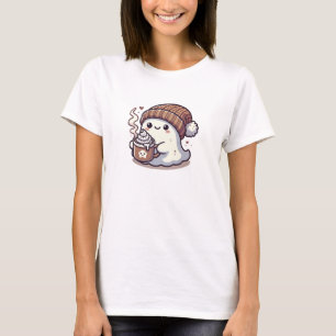 Cute Halloween Ghost in Fall Beanie & Hot Cocoa T-Shirt