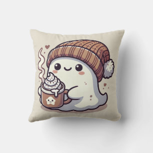 Cute Halloween Ghost in Fall Beanie & Hot Cocoa Throw Pillow