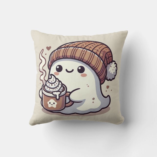 Cute Halloween Ghost in Fall Beanie & Hot Cocoa Throw Pillow (Back)