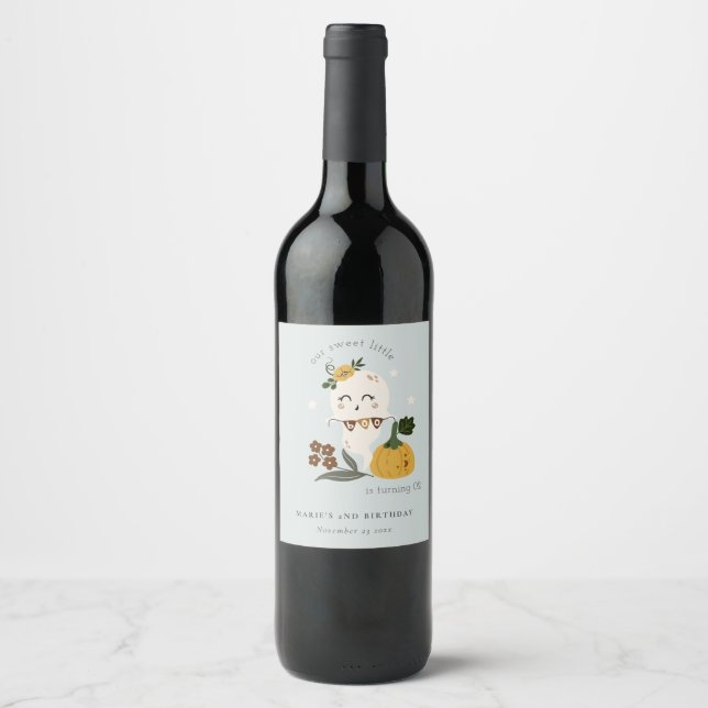Cute Halloween Ghost Little Boo Any Age Birthday Wine Label (Front)