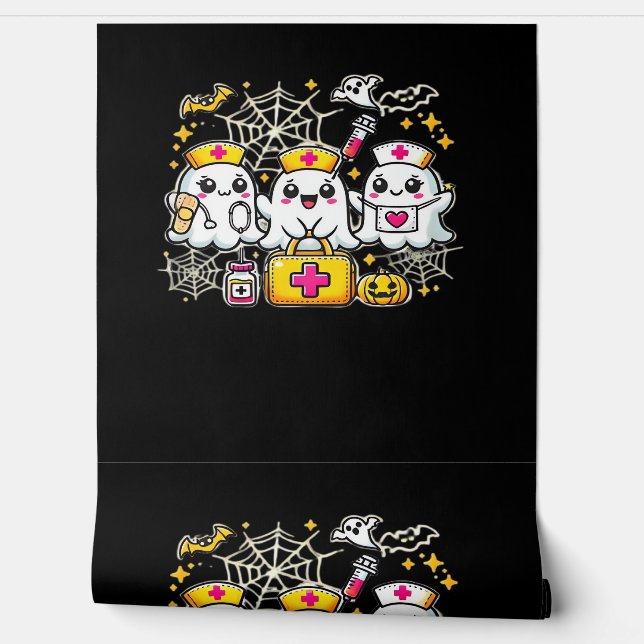 Cute Halloween Ghost Nurse Trio with Medical Kit a Wallpaper (Unrolling)