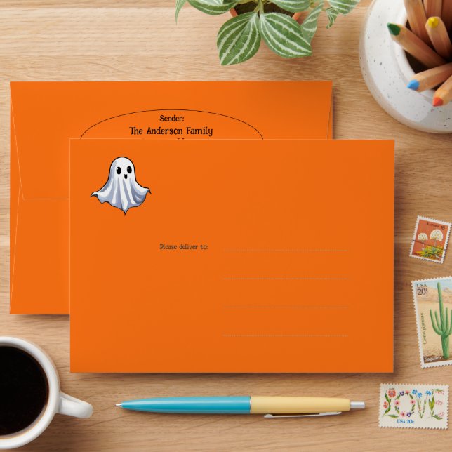 Cute Halloween Ghost on Bright Orange Envelope (Desk)
