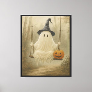 Cute Halloween Ghost on The Swing Canvas Print