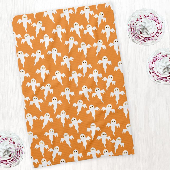 Cute Halloween Ghost Orange Kitchen Towel (Cute ghosts orange art kitchen tea towel)