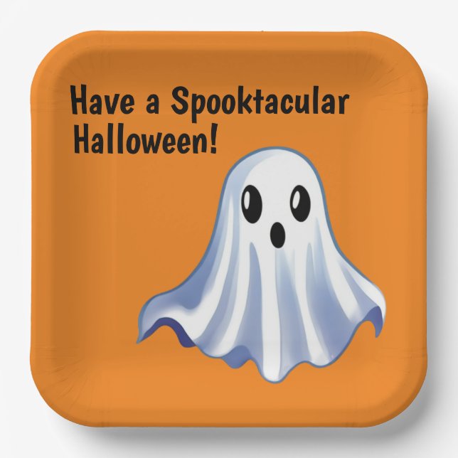 Cute Halloween Ghost | Orange Paper Plates (Front)