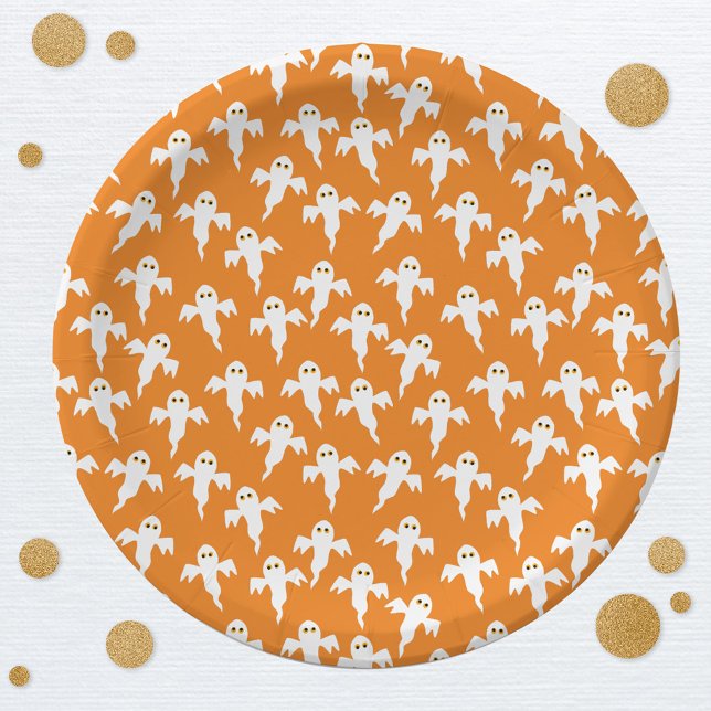 Cute Halloween Ghost Orange Paper Plates (Fun ghost pattern orange paper plates for Halloween)