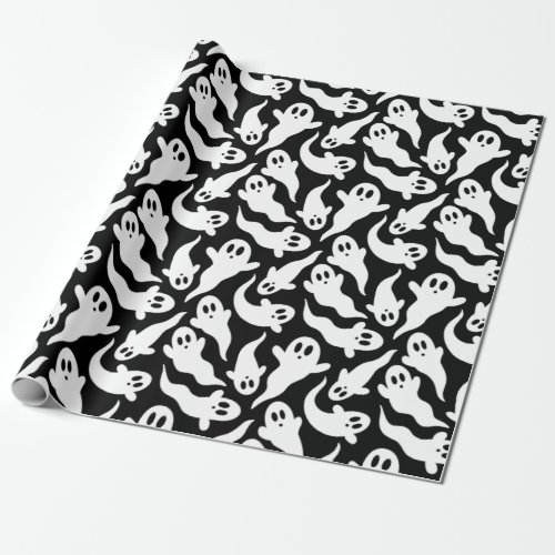 Cute Halloween Ghost Pattern Black and White Wrapping Paper