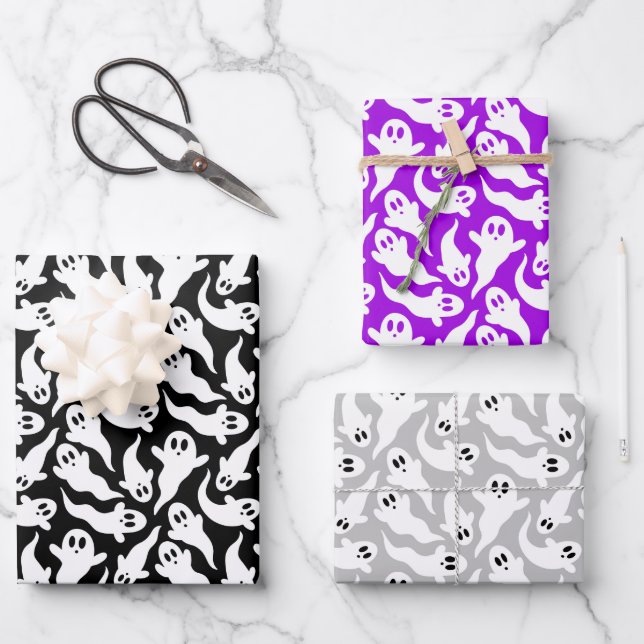 Cute Halloween Ghost Pattern Black Gray Purple Wrapping Paper Sheets (Front)