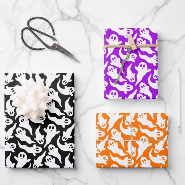 Cute Halloween Ghost Pattern Orange Black Purple Wrapping Paper Sheets (Front)