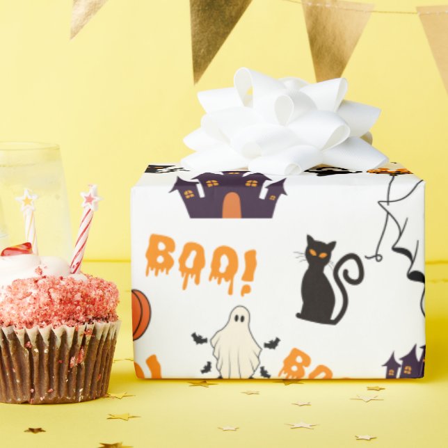Cute Halloween Ghost Pattern – Spooky Black Cats Wrapping Paper (Birthday Party)