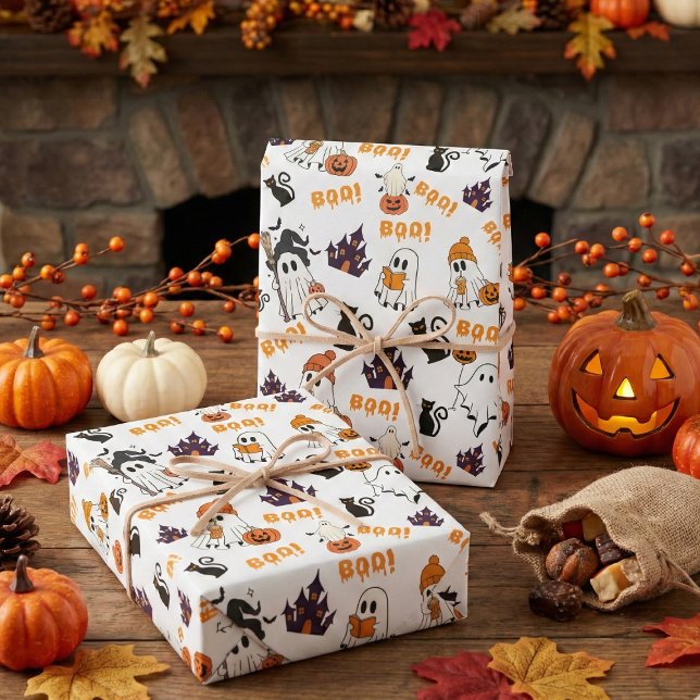 Cute Halloween Ghost Pattern – Spooky Black Cats Wrapping Paper Sheets (Creator Uploaded)