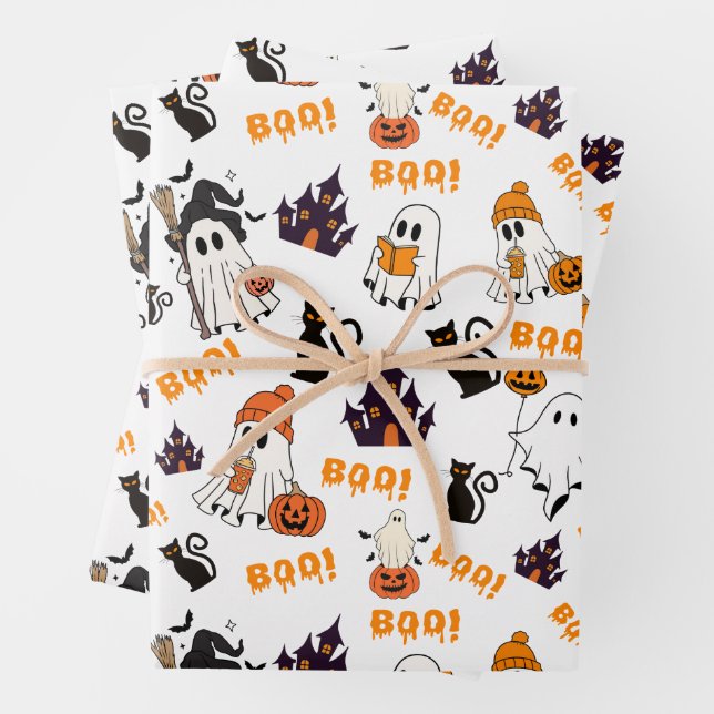 Cute Halloween Ghost Pattern – Spooky Black Cats Wrapping Paper Sheets (In situ)